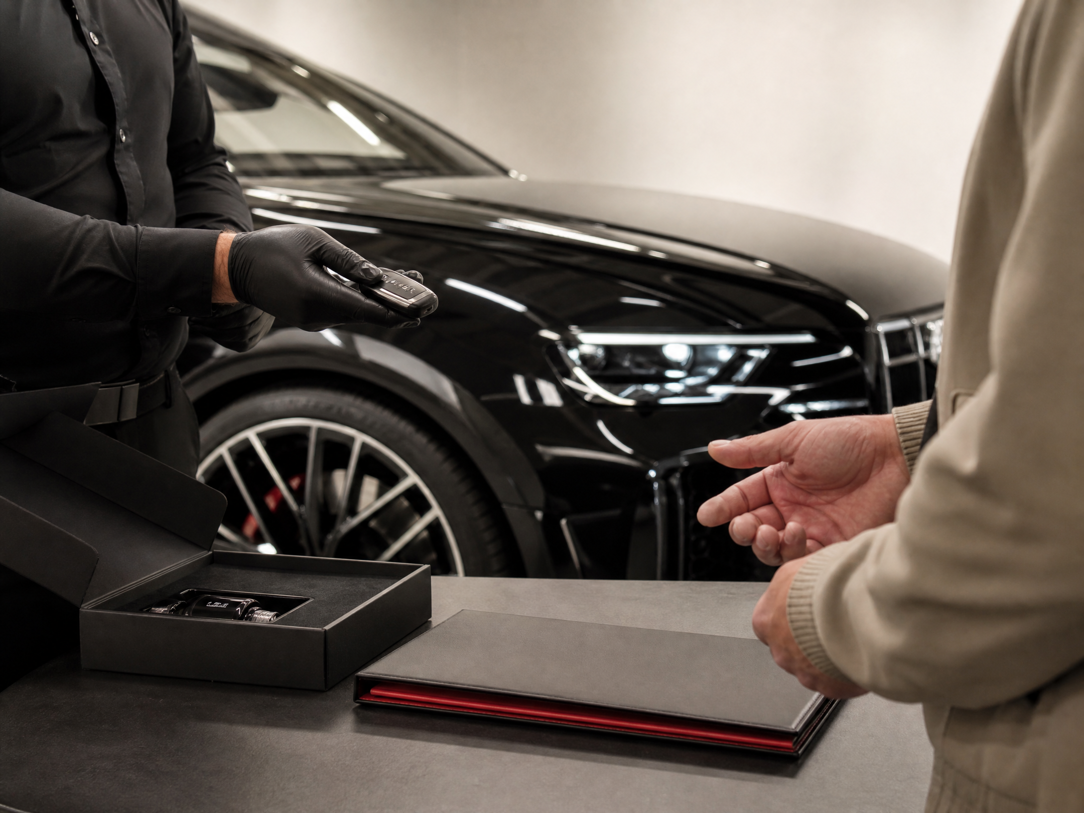 Professional automotive client delivery with aftercare materials
