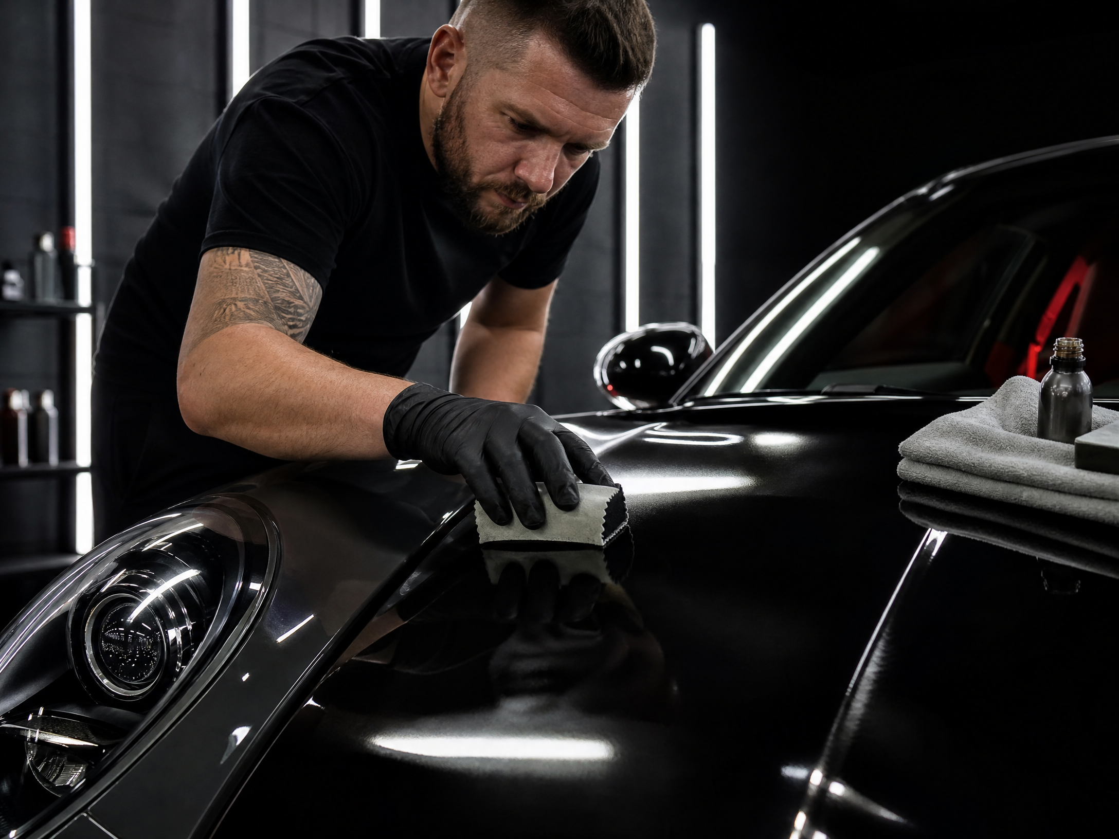 Detailer applying ceramic coating to a performance vehicle