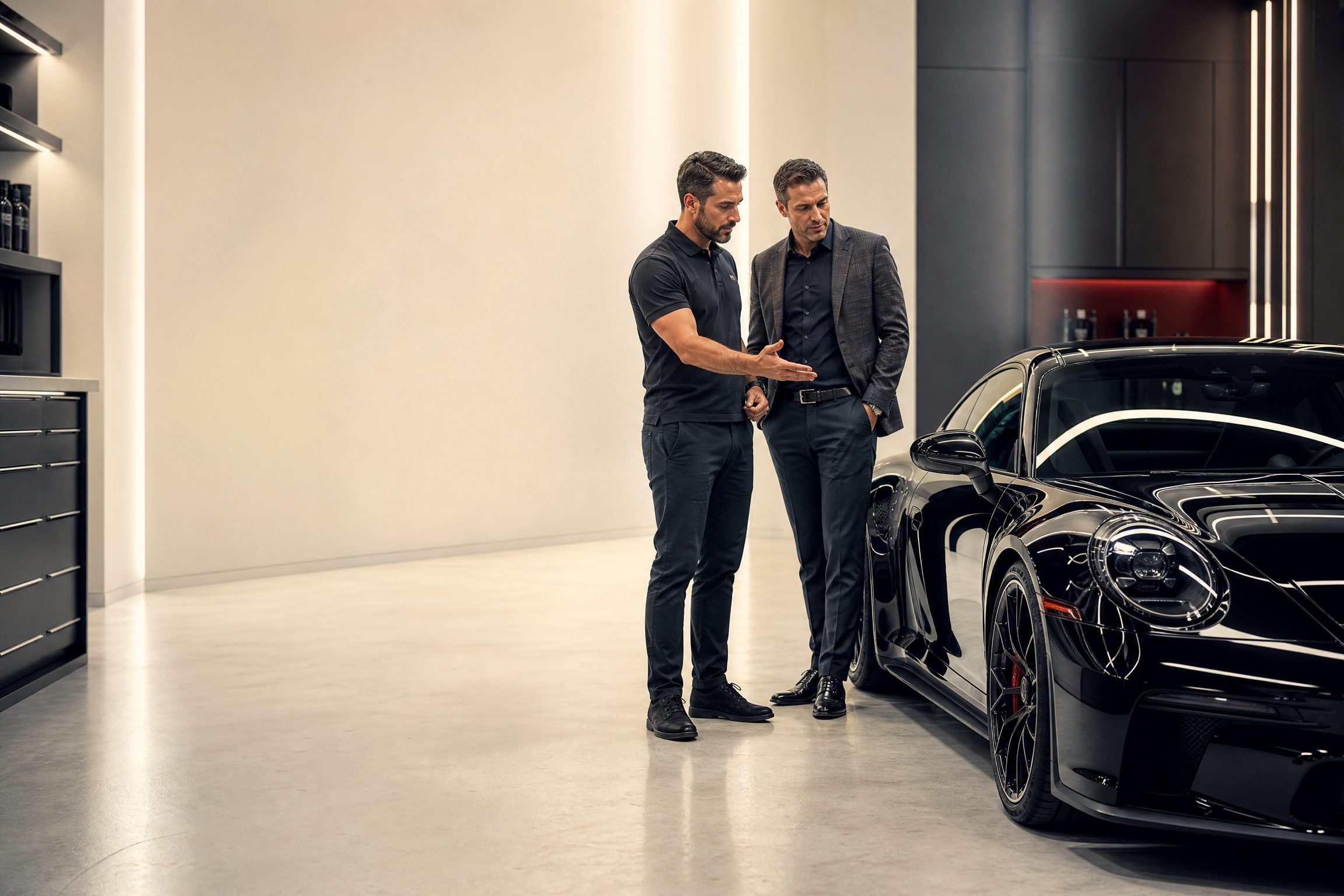 Professional detailer positioning a surface-protection service with a luxury-car client