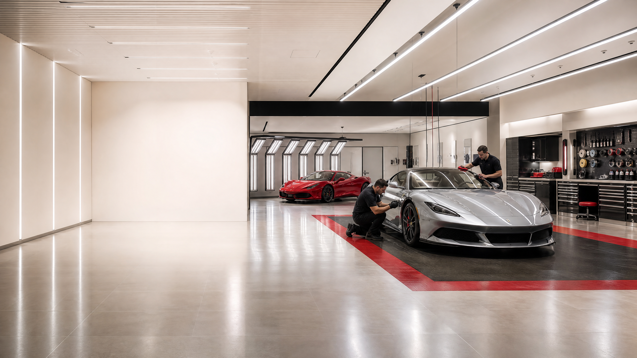 Professional automotive training bay with live vehicle work